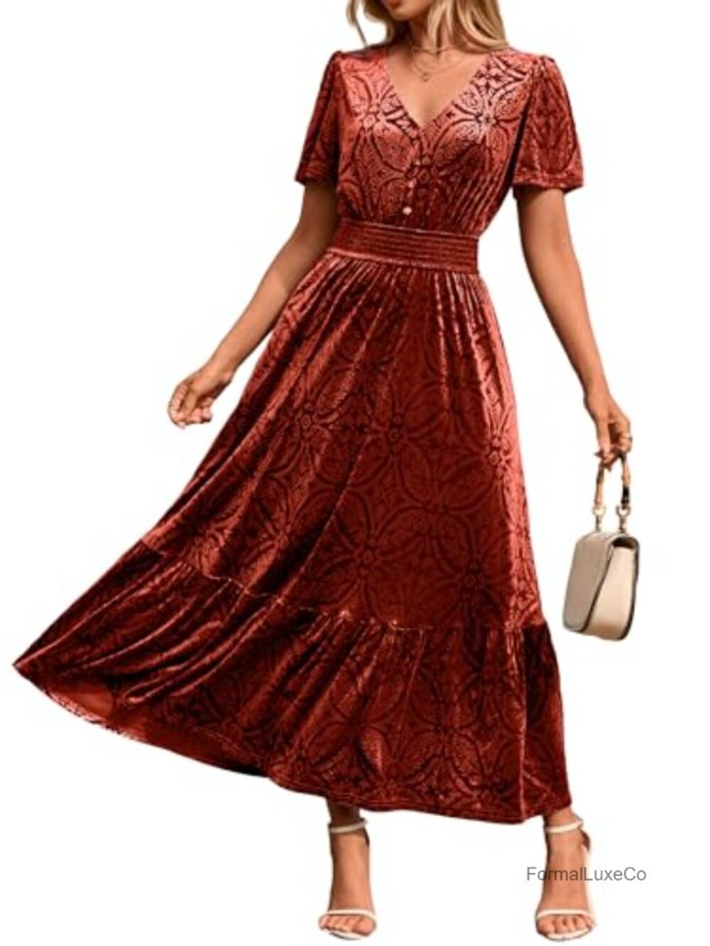 Velvet Floral Maxi Dress Short Sleeve V Neck Formal Wedding Guest